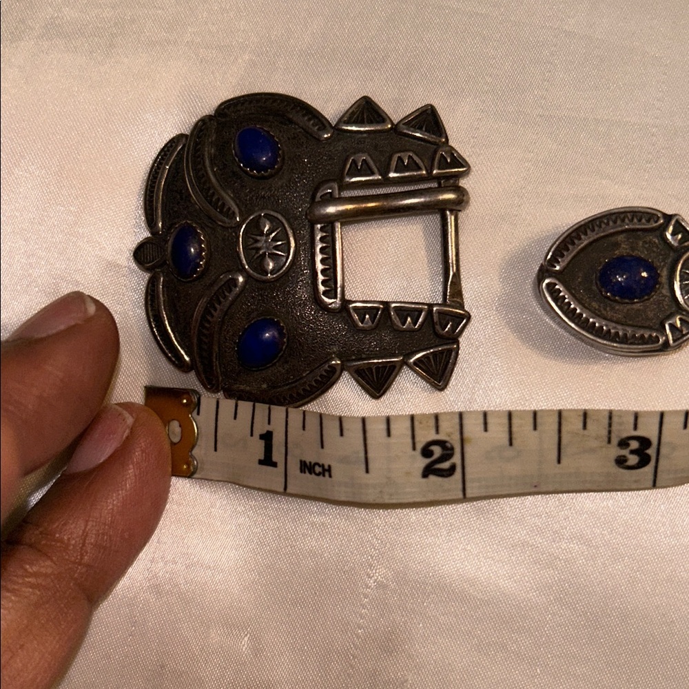 Vintage Sterling Belt Buckle & Slide with Blue Stone Accents - Picture 10 of 11